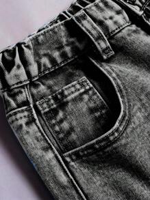 Teen Girl Fashion Streetwear Style, Bow Embroidered Detail, Casual Wide Leg Elastic Waist Jeans