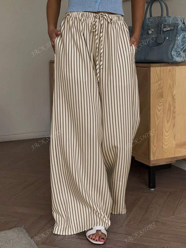 Plus Size Women Boho Vacation Everyday Casual Striped Print Wide Leg Pants, Summer