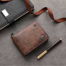 1 件复古男士休闲皮革钱包 - 短款，带多个卡槽和拉链，大容量信用卡夹，深棕色纹理，理想的情人节礼物