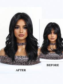 18英寸黑色侧刘海中卷合成耐热纤维假发，适合女性日常、派对、母亲节、音乐节等场合。 - 黑色 - 查看 3