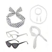 D EXCEED 6PCS Vintage 1950s Women's Accessory Collection | Retro-Inspired Prop Cat-Eye Glasses, Scarf Collar Headbands & Silk Hair Scarves With Polka Dot Stud Earrings - Perfect For Vintage-Themed Parties & Events