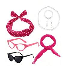 D EXCEED 6PCS Vintage 1950s Women's Accessory Collection | Retro-Inspired Prop Cat-Eye Glasses, Scarf Collar Headbands & Silk Hair Scarves With Polka Dot Stud Earrings - Perfect For Vintage-Themed Parties & Events