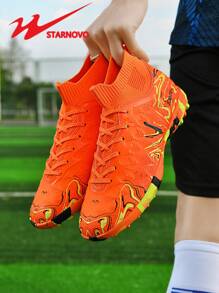 STARNOVO Authentic Dual Star Football Shoes, Unisex Fashion High-Top Sports Soccer Shoes, Camouflage Rubber Sole, Stylish Elastic Knit Collar High-Top Design, Vibrant Color Combinations, Suitable For Middle/Primary School Students' Football Training, Matches, And Daily Commute