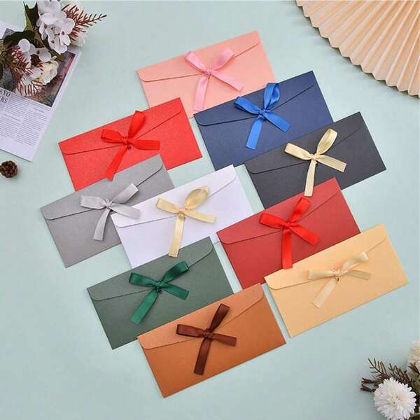 10 stuks kleurrijke enveloppen, creatieve en hoogwaardige enveloppen in Europese stijl, strikken, verdikt parelpapier, lange enveloppen, geschikt voor de feestdagen en de start van het schooljaar