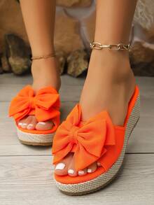 Women's New Woven Double Strap Bow Decor Wedge High Heel Sandals, Sweet Open Toe Bowknot Thick Bottom Platform Espadrille Wedge Heel Slip-On Sandals, Solid Colors In Red, Black, White - Orange - View 6