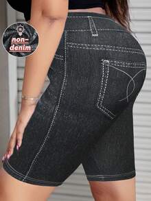 Kurze Hosen in Große Größen für Frauen mit hoher Elastizität und Jeansdruck Muster, lässige, bequeme gestrickte Sport Bermudas