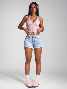 Jeanoix 斜口袋休闲破洞下摆牛仔短裤