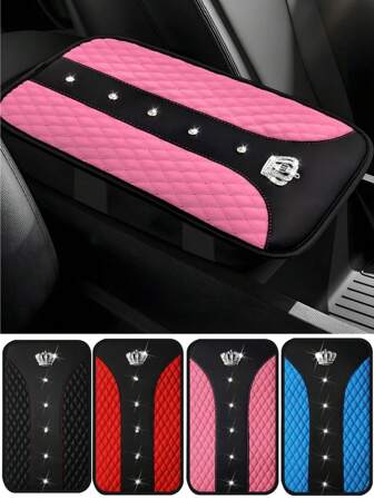 1 pieza Almohadilla para reposabrazos de la consola central del automóvil, con incrustaciones de rhinestone, bordado de corona de metal, accesorios de automóvil cómodos y resistentes al agua, funda para reposabrazos de 12.6"X7.5" que se ajusta a la mayoría de los automóviles, vehículos, SUV, accesorios de protección para el interior del automóvil.