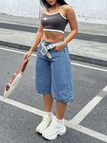 Jeans a vita alta, a gamba larga e a sette punti, con tasche con ricamo a farfalla, stile Y2K, per donne