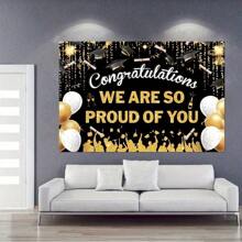 TYFYO 1pc Graduation Photography Background, Black Graduation Cap And Golden Balloon Graduation Congrats Party Banner Background