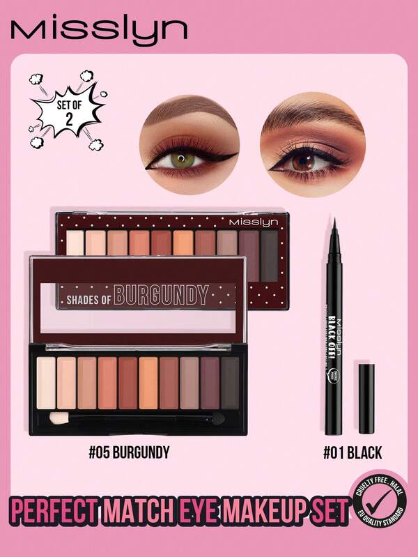 Misslyn Perfect Match Eye Makeup Set, 2 Pcs, Must Have Eye Shadow & Black Off Precise Liquid Eyeliner, Long-Lasting, Highly Pigmented, Easily Blended, Soft Powder, Smooth Glide, Glitter Finish, Natural Stroke, Y2K Makeup Party Beach Travel Holiday Camping Outdoors Present Rose Fashion Girl New Year Cosmetic Cosplay Best Trip Festivals Color Fancy Campus School Charm Vibe Cny Chinese New Year, Valentine's Day Gifts,Vegan,Cruelty Free