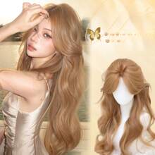 Peluca de cabello largo y ondulado de verano, cabello largo y rizado con efecto de ambiente de viento, simulación de cabello humano con raya al medio, juego de peluca completa