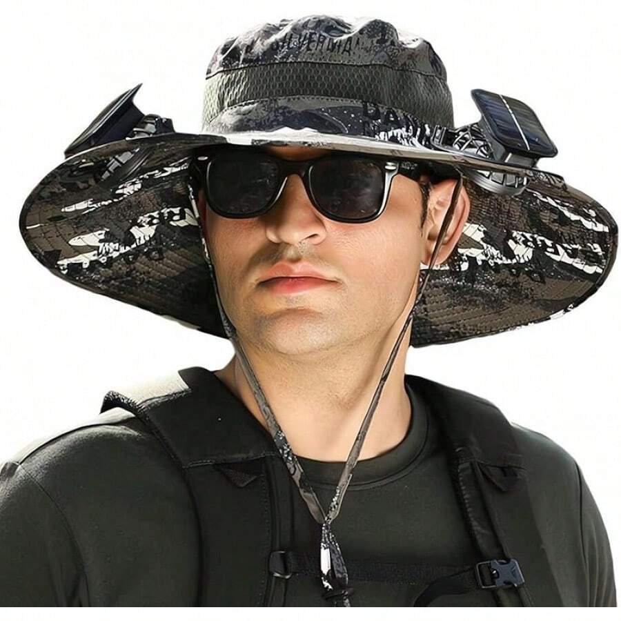 Wide Brim Solar Fan Outdoor Fishing Hat, Solar&USB Charging Sunscreen Sun Hat For Men Women, Sun Hat UPF 50+ With 2 Fans - 迷彩E - 查看 1