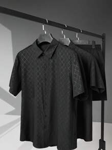 Men's Dress Shirts,Solid Color Geometric Diamond Check Short Sleeve Shirt,Button-Down Business-Casual Shirts With A Regular Fit, Which Are Highly Suitable For Wearing At Wedding Parties, At Work Or In The Office,For Father's Day Gift
