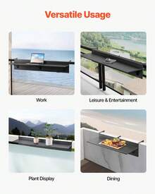 KOMHTOM Mesa colgante para balcón, mesa plegable, barandilla de terraza, mesa de bar, con soporte de acero inoxidable + tablero de PS, ajustable, plegable, colgante, resistente a la intemperie, mesa de servicio para la terraza, 1220 x 300 mm, color negro