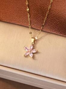 1 pieza Colgante de mujer con forma de flor pentagonal, pétalos y circonita cúbica de diseño elegante y fresco, con cadena para clavícula para San Valentín