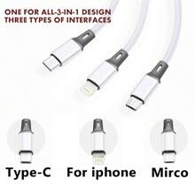 Nylon Braided 3-In-1 USB A To Type-C/Micro USB/Lightning Cable, Multi-Functional Fast Charging Data Sync Cord Compatible With IPhone////IPad Etc. Compatible With IPhone, Android, Camera, MP3 Universal Adapter, Charger