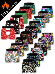 10 Random Pack Men's Boxer Briefs, Christmas Style, Santa Claus And Gingerbread Man Prints, Graffiti Pattern, Comfortable Everyday Men's Underwear,Christmas Surprise Gift