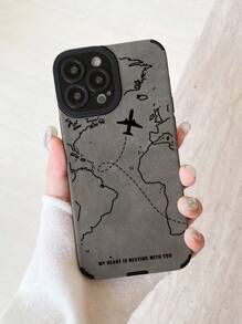 Funda de teléfono con textura mate gris - Diseño de mapa mundial y avión, cita romántica - Estilo inspirado en viajes - Compatible con iPhone: 13, 14, 15, 16 Pro Max, 16, 15 Plus