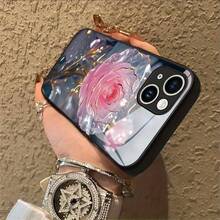 Pink Glass Rose Gold Accents Elegant Art Element Design-Crystal Clear White Glass Phone Case For IPhone 14 Pro/IPhone[16/15/14/13/12/11 Pro Max] Series - HD Scratch-Resistant Tempered Glass Cover, Slim Glossy Protective Case/ Ideal Gift For Boyfriend, Bestie, Friends & Boss (Business/Casual Use) - Black - View 2