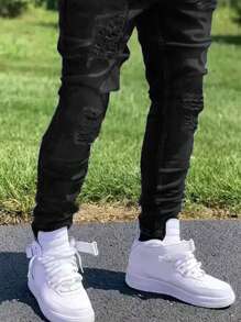 1pc Men's Slim Fit Distressed Black Straight Leg Casual Jeans, Elastic, With Pockets, Breathable, Suitable For City Walking, Family, Outdoor Activities, All Season