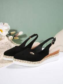 Women's Fashion Sexy Wedge Platform Shoes, Pointed Toe Color Block Splicing Shoe Upper, Mule Backstrap Design Sandals, Soft And Comfortable Woven Rope Soles, High Waterproof Platform With Adjustable Buckle, Elegant Fairy Style Shoes