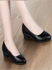 女士专业中跟鞋 - 纯黑色，圆头，方跟，四季皆宜，PU鞋面/橡胶鞋底，聚氨酯鞋垫 - 舒适的办公、空乘、面试等场合的正装鞋 - 黑色 - 查看 4