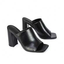 XY LONDON Sunday Women's High Heel Mule Sandal Shoes, Block Heel, Square Toe, Peep Toe,  Synthetic Leather, Black, Nude, White, Stone, Fashionable, Nightclub, Autumn/ Winter - Black - View 3