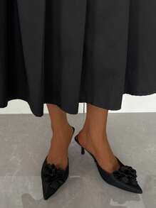 Women's New Pointed Toe Black High Heel Pumps, Floral Decor Elegant High Heel Shoes, Fashionable Mule Slip-On Comfortable Loafers