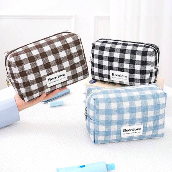 1pc Plaid Cosmetic Bag,Women Makeup Bag, Make Up Organizer, Cosmetic Bag, Shower Caddy, Beach Bag For Women, Toiletry Bag For Bathroom, Wash Bag For Travel, Shower Caddy For College Dorm, Large Capacity, Durable