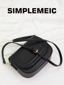 Women's Simple Solid Color Flap Saddle Bag, Ladies' Work Commute Crossbody Bag, Elegant Handbag ( Similar) - Black - View 4