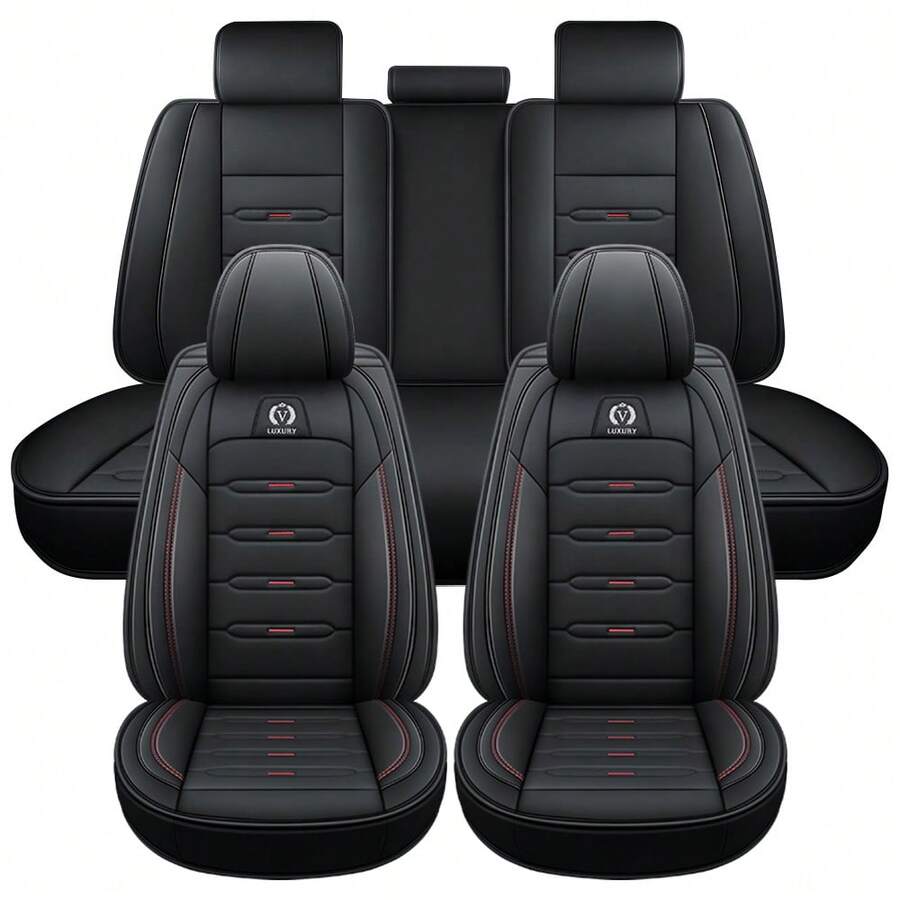 5seats Autositzbezüge mit Kopfstütze und Kissen Vollständiger Satz Autositzschutz PU Leder Atmungsaktive Vorder- und Rückseite Rücksitzkissen Universal Fit Für MPV SUV LKW Automotive Die meisten Auto MH140