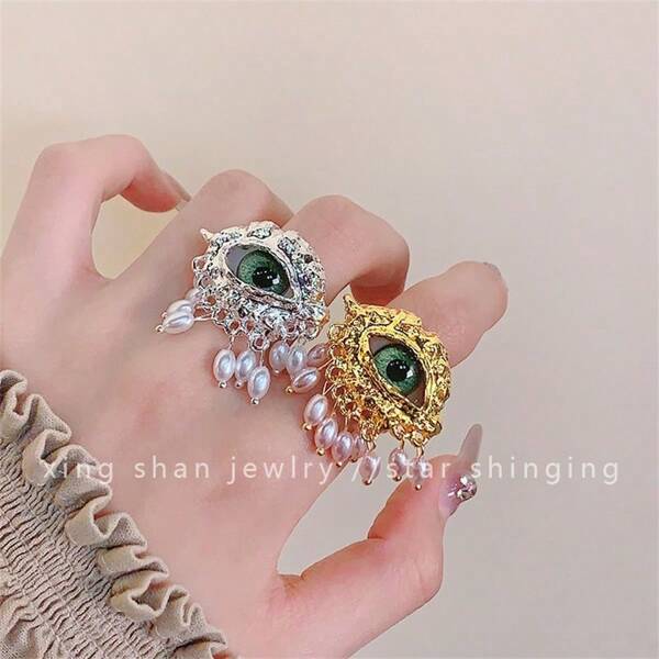 Exaggerated Demon Eye Pearl Tassel Open Ring High-End Design Finger Ring New Accessory