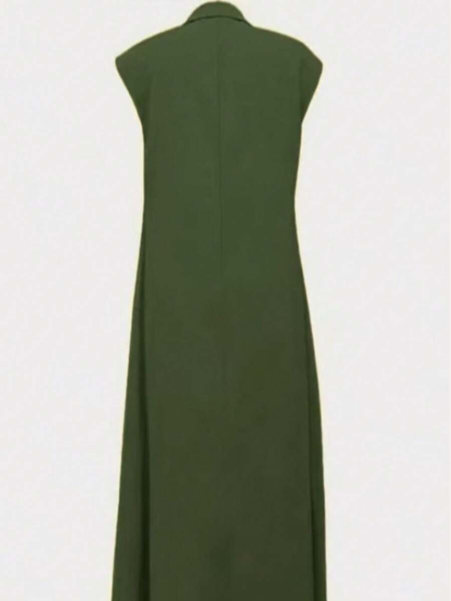 Women's Casual Commute Solid Color Front Button Long Dress Elegant Summer - Green - View 1