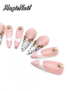 10 Pieces Of Pure Hand-Pressed Wearable Nail, Press On Nails,Nail Supplies,Nails Ptess On,Beach Essentials,33mm Long Nail Pieces, Pink And White Contrasting Colors, Hand-Painted Black Striped Decoration, Yellow Rhinestones Forming Arc Decoration, Convex Lines Are Threaded. Spring And Summer Style, Cute Nail Film. It Is Suitable For Daily Leisure And Vacation.