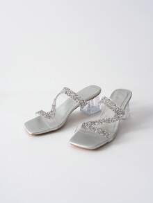 欧美风大码女式露趾皮革PVC材质套脚凉鞋，饰有水钻，粗跟设计，适合户外和海滩穿着，时尚百搭，是夏季、情人节、圣诞节和冬季的理想礼物。 - 銀色 - 查看 1