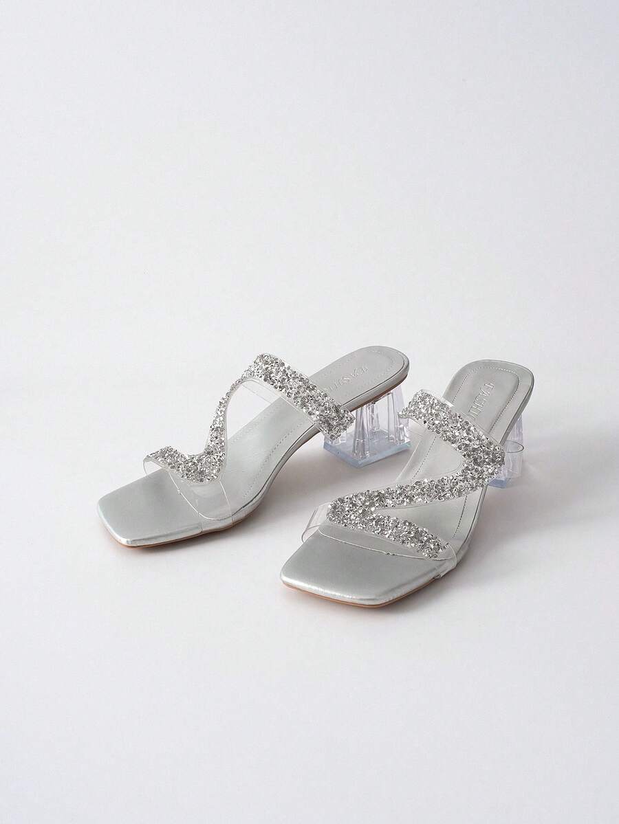 欧美风大码女式露趾皮革PVC材质套脚凉鞋，饰有水钻，粗跟设计，适合户外和海滩穿着，时尚百搭，是夏季、情人节、圣诞节和冬季的理想礼物。 - 銀色 - 查看 1
