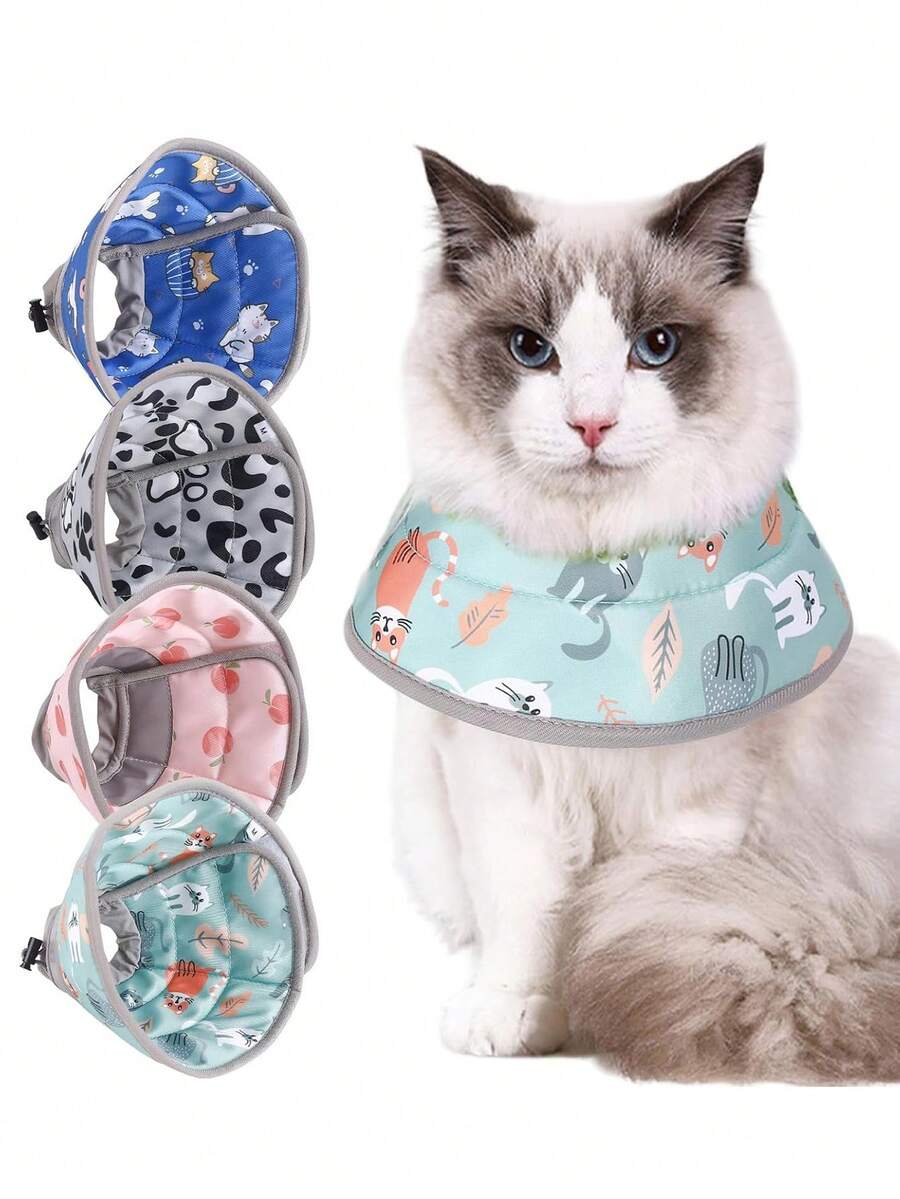 1pc Adjustable Cartoon Cat Elizabethan Collar, Cat Post-Surgery Recovery Neck Cone, Pet Licking Prevention Protective Gear - Mint Green - View 1