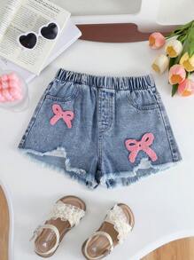 1pc Girls Golden Embroidered Cute Bow Ripped Denim Shorts, Fashion Streetwear Versatile