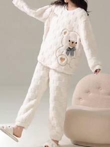 Cute Striped Wool Pajama Set - Thermal Lined Bear Pattern Warm Sleepwear Set, Soft Polyester Long Sleeve Top & Pants, Suitable For Christmas & New Year, 2-Piece Teenage Girls Home Set, Autumn/Winter