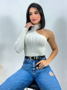 Women's Knitted Blouse Puff Sleeve High Neck