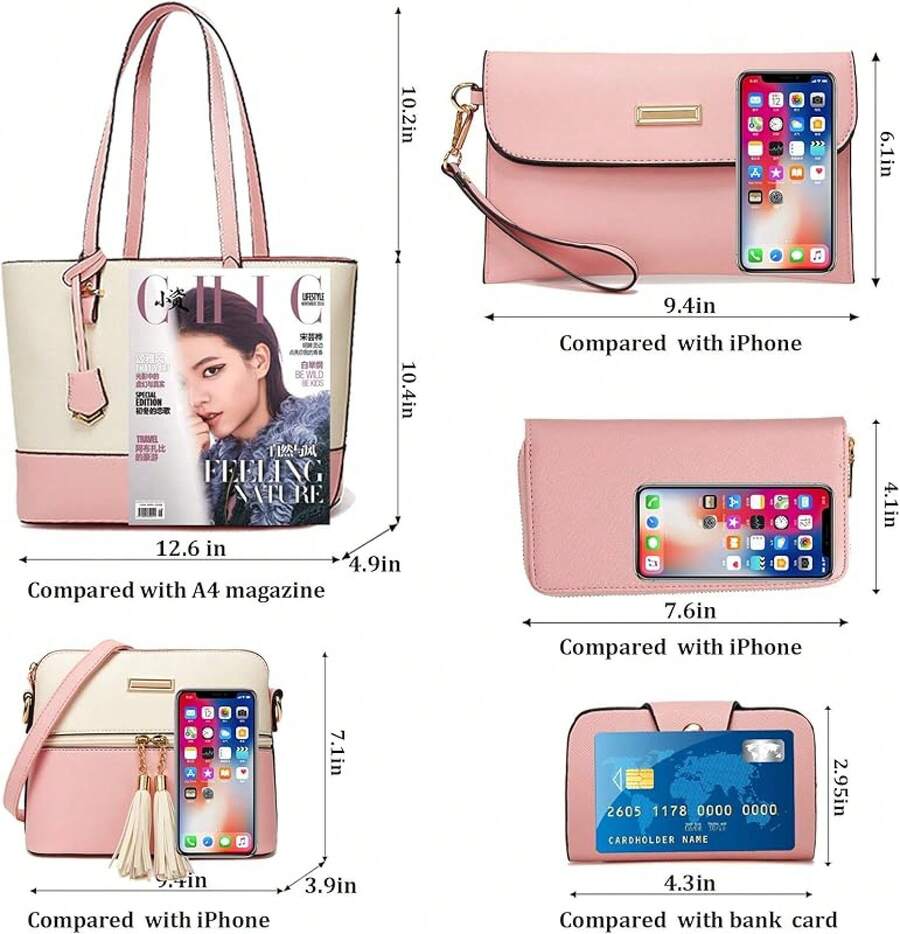 YNIQUE Juego de 5 piezas de bolsos de mano para mujer, bandoleras con empalme de colores contrastantes, diseño informal para escuela y trabajo - 9-10 Rosa y blanco - Ver 1