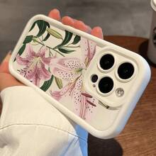 Vintage Floral Lily Pattern TPU Phone Case For IPhone 16 15 14 Pro Max 13 12 11 XR XS Plus Shockproof Drop Protection Rugged Durable Silicone Cover Cellphone Protective Flower Casing - 酒紅色 - 查看 8