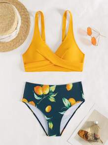 Women's Sexy Cross V-Neck Swimwear, High Waist Solid Color Bikini 2 Pieces Set