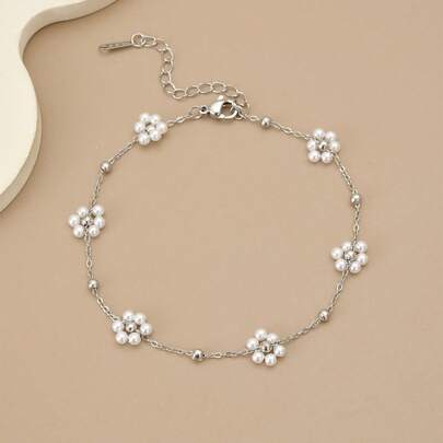 1pc Handmade Stainless Steel & Pearl Anklet For Women (Actual Flower Arrangement May Vary From Image)