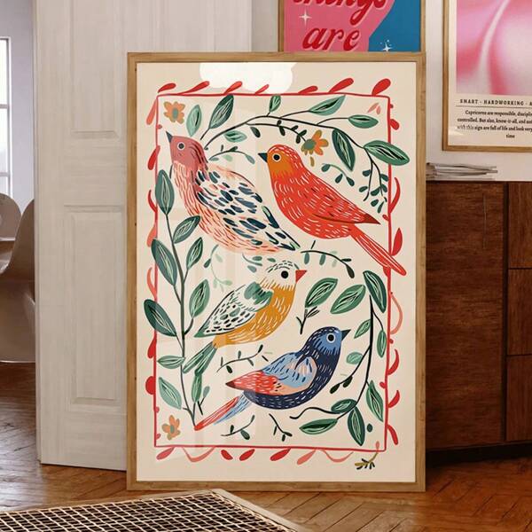 Impresión de pájaro colorido dibujada a mano - Arte de pared botánico de guardería, ilustración de arte de pared, arte de pared de guardería, guardería bohemia, habitación de niños, sala de juegos, sin marco