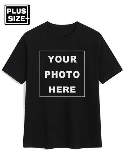 Personalized Custom Photo Printed Casual T-Shirt For Plus Size Men, Customize With Photos Of Family, Friends, Couples Or Pets, Suitable For Valentine's Day, Birthday Party, Anniversary, Comfortable Short Sleeve Round Neck Black Tee, Gift Idea For Plus Size Men