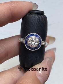 1pc Women's Quality Solitaire Ring, Pave Diamond Embedded Promise Engagement Ring, 925 Sterling Silver 2ct Round Moissanite, Blue Round Packaging, Elegant Jewelry, Wedding Proposal Anniversary Gift, Incl. Moissanite Certificate & Delicate Gift Box