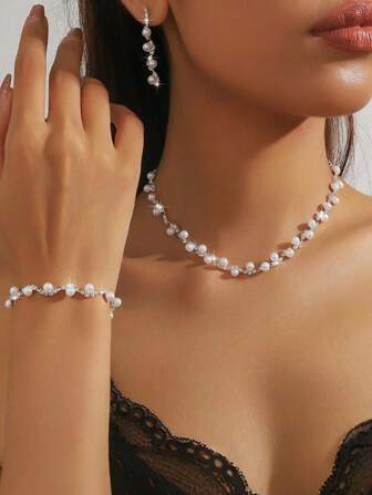 4st set Elegant kristall & fuskpärlor dekorerade smyckesset för kvinnor - innehåller halsband, örhängen, armband, lämplig för brud, bröllop, fest