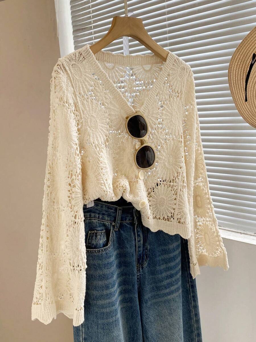 甜美 V 领蕾丝开衫，轻盈女士夏季新款设计防晒外套上衣 - 米色 - 查看 1
